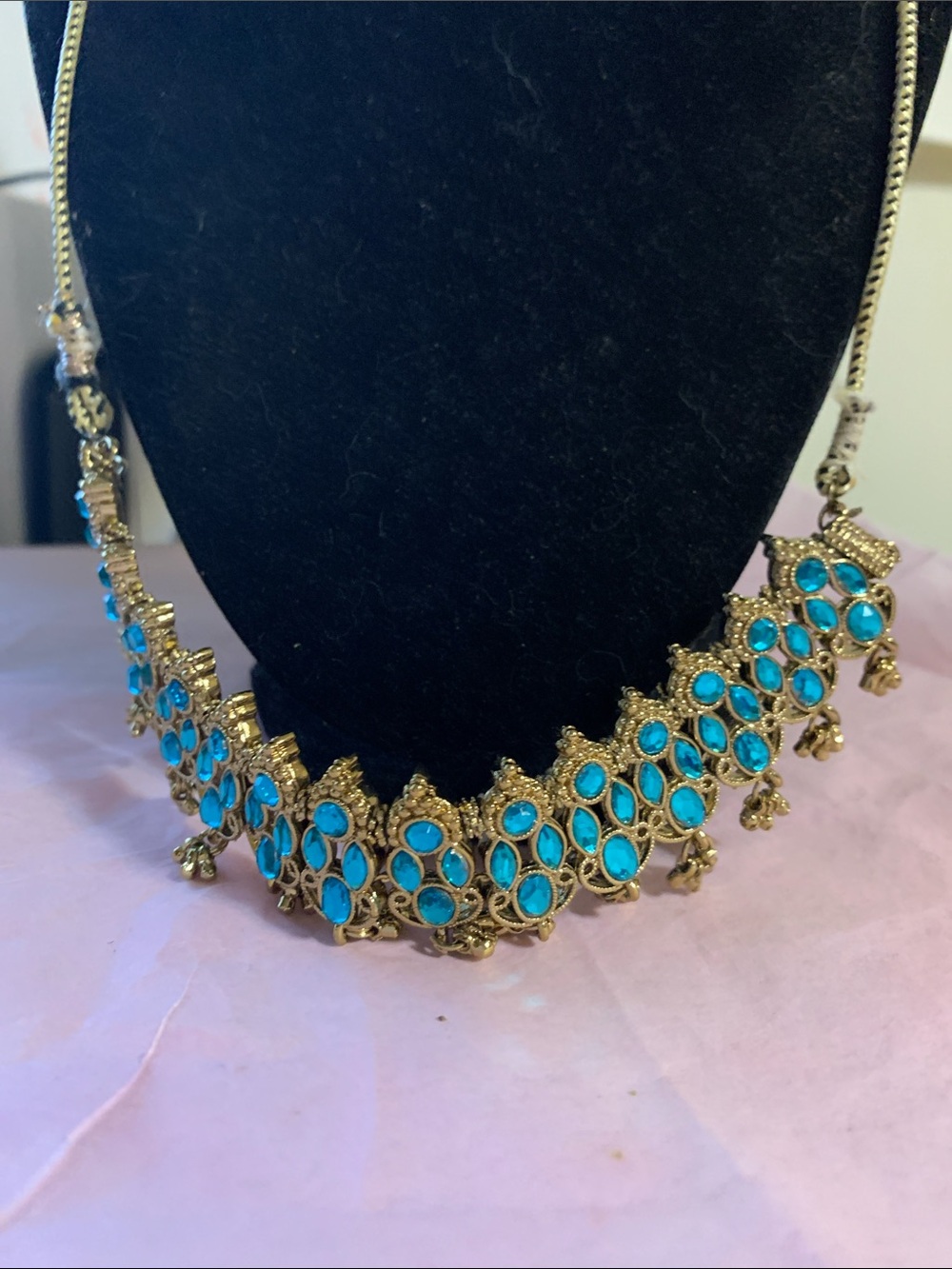 Gold-Tone Necklace with Turquoise Blue Stones - Elegant Women’s Jewelry